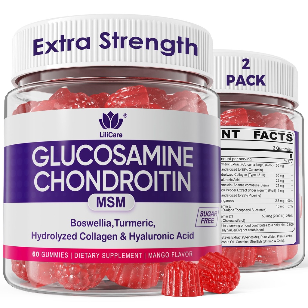 Glukozamin Chondroitin Gumies, sladkor brez glukozamina Chondroitin MSM dodatek, Dodatna moč z Boswellia kurkuma, hidrolizirana kolagen & hialuronska kislina, zdravje kosti za moške in ženske, 120 Cts