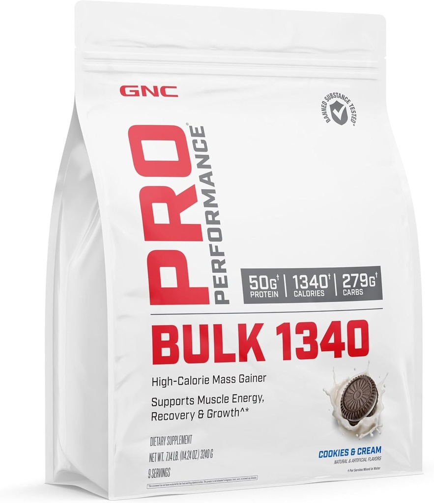 GNC Pro Performance Bulk 1340 Mass Gainer Protein Powder, 50g, Gluten Free, Whey, Kreatin, BCAA, 3. stranka Tested, Recovery in rast mišic, mikrohranila, Piškotki in smetana, 9 Servisi