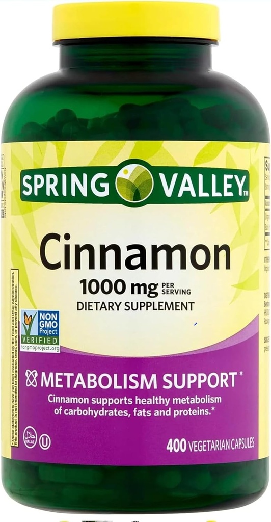 Spring Valley Cimet Dodatek 1000mg, 400 Vegetarijanske kapsule, Vsebuje Cassia, ne Ceylon. Zeliščni dodatek za splošno wellness. Luall