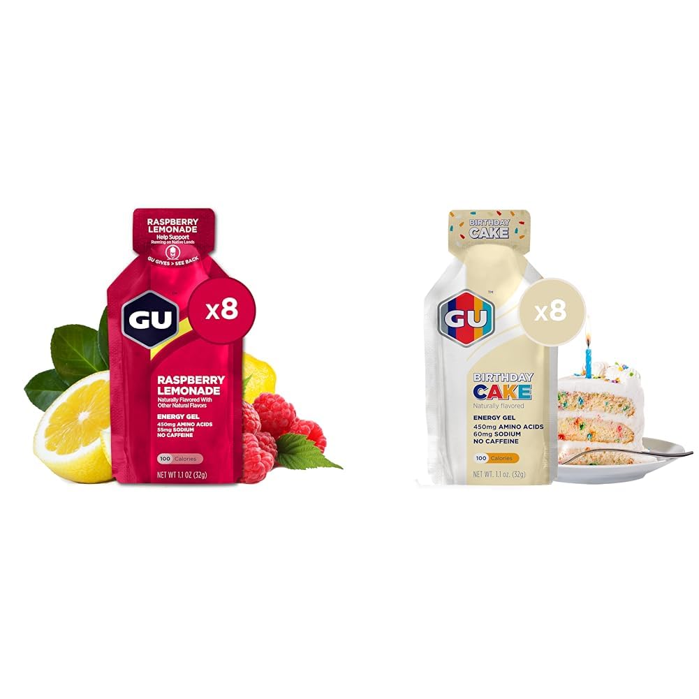 GU Energy Gel 8-Count Raspberry Limonada in rojstni dan Torta Sports Nutrition Energija Gel Bundele