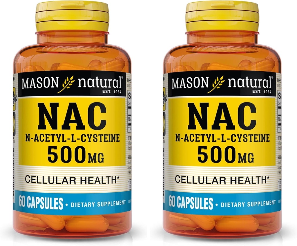 MASON NATURAL NAC N-Acetil L-Cysteine 500 mg - podpira celično zdravje, imunski sistem, za splošno Wellness, 60 kapsul (paket po 2)