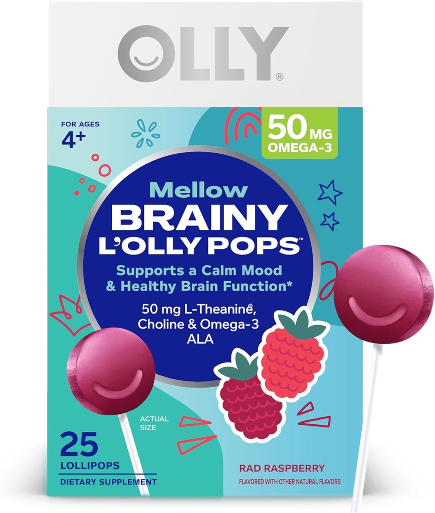 OLLY Mellow Buddies L’OLLY Pops, L-Theanine, Choline, Omega-3 ALA, Otroci 4+ Prehranska dopolnila lizike, Podpira mirno Mood & Zdrave možganske funkcije,* Vegan, Malina Okusna, 25 Count