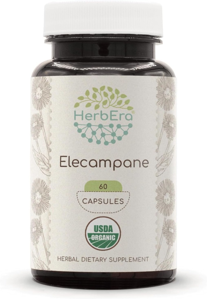 Herbera Elecampane 60 USDA Organske kapsule, 500 mg, narejene z Elecampane (Inula Helenium), posušeno koreniko (60 kapsul)