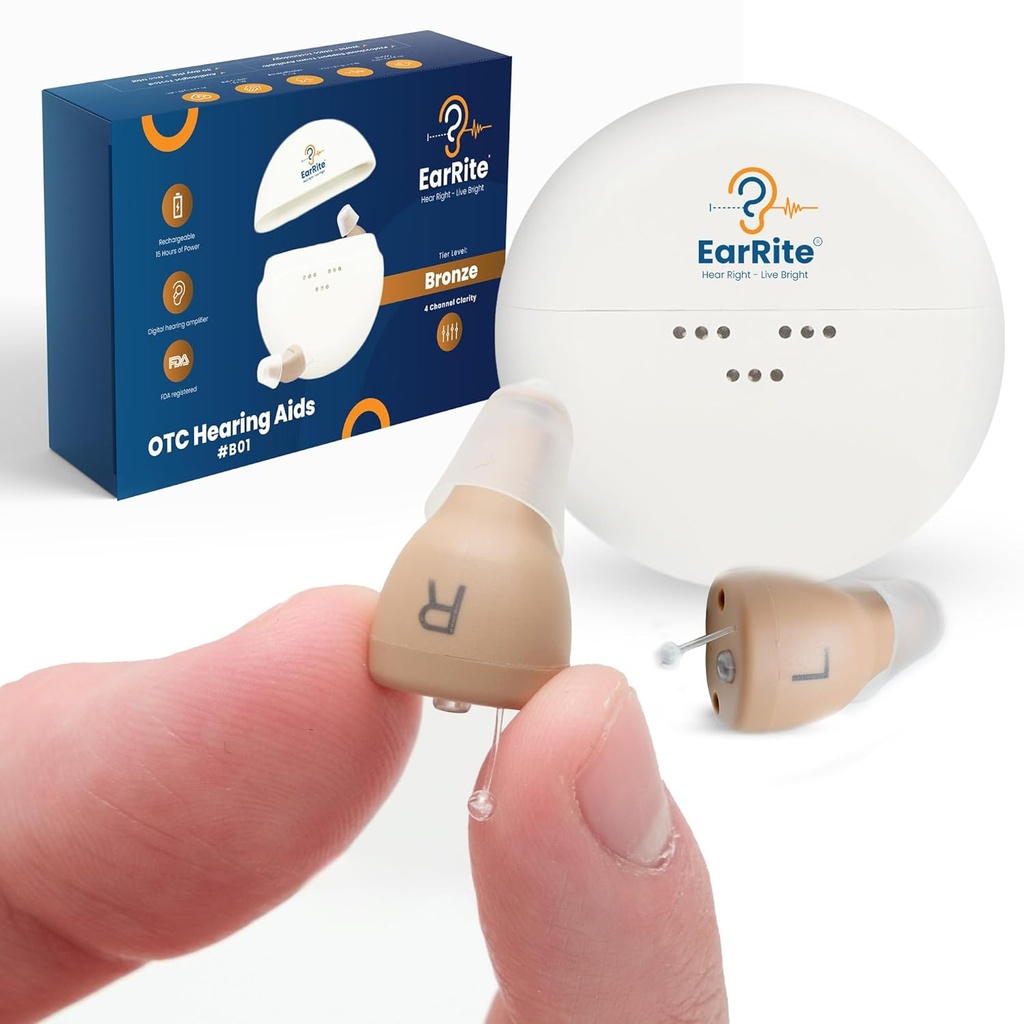 EarRite Rechargeable OTC Slušni pripomočki za seniorje - skoraj nevidni in udobni 9 Nastavljive ravni Clarity Compact In-Ear Design digitalni slušni ojačevalec z zmanjšanjem hrupa in polnjenjem primeru
