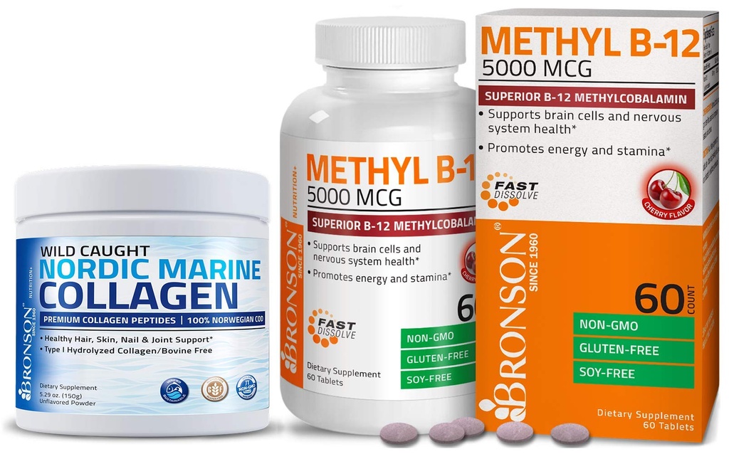 Bronson Marine Collagen Peptides Hidralizirani Beljakovine v prahu + metil B12 5000 μg Vitamin B12 Metilkobalamin