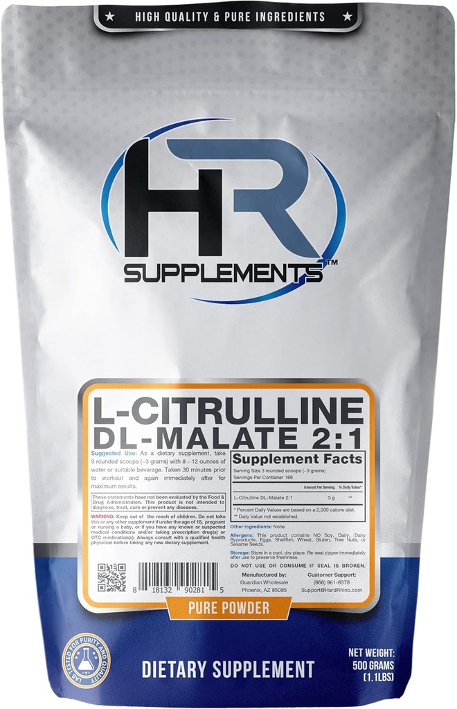 HR Dodatki L- citrulin DL-malat 2:1 prašek, 500 gramov (1,1 Lbs), nearomatiziran, laboratorijsko preskušen, Scoop vključen