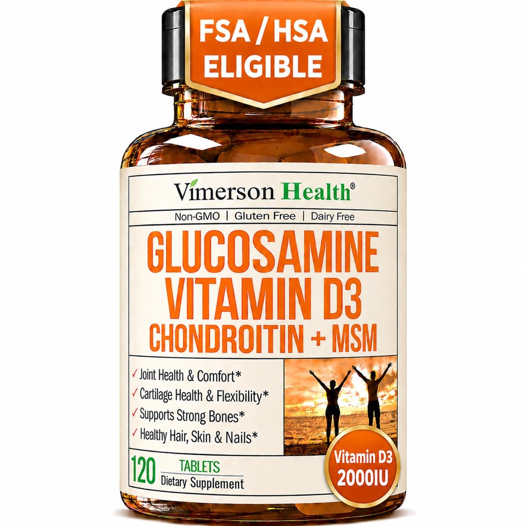 Glukozamin Chondroitin z vitaminom D3 2000IU – FSA Upravičeni skupni dodatki za moške in ženske – skupno zdravje, lasje kože nohti, zdravje kosti in udobje z MSM, Vit D, Bromelain & Boswellia – 120 Tabs