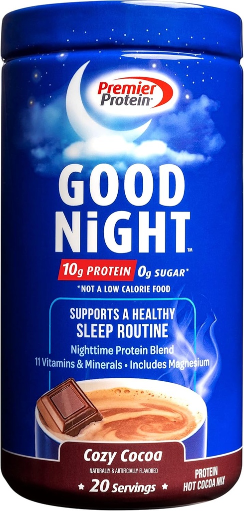 Premier Beljakovine Lahko noč Beljakovine v prahu, Hot Cocoa Mix, 10g Beljakovine, 0g Sladkor, 11 Vitamini in minerali, Mešanica beljakovin ponoči, magnezij, cink, 20 Serve, 1 Tub