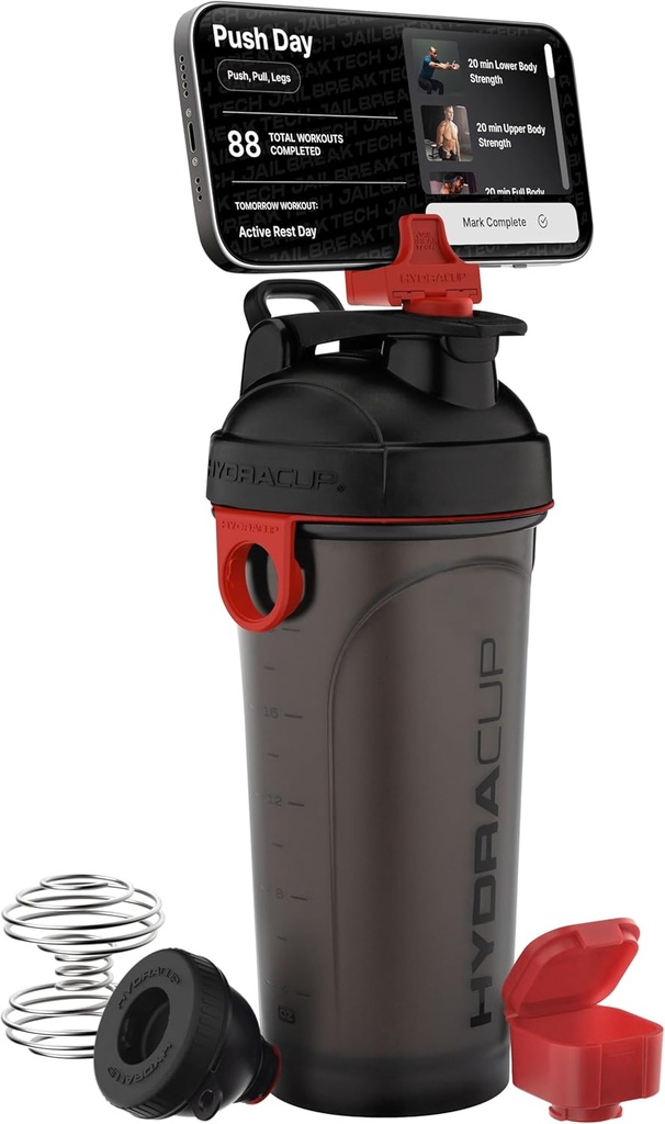 Hydra Cup JailBreak 28 oz Shaker steklenica za stresanje proteinov, Shaker steklenica z ročajem in žogo Blender, Shaker Cup z imetnikom telefona za vaš avto, Potujte, da gredo, BPA brezplačno (črna/rdeča)