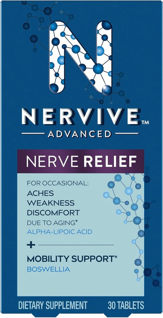 Nervive Advanced Nerve Relief + Mobilnost, z alfa lipoična kislina za pomoč zmanjšanje bolečine, šibkost, & nelagodje*† in Boswellia za spodbujanje mobilnosti*, vitamini B12,B6,B1, 30 tablet