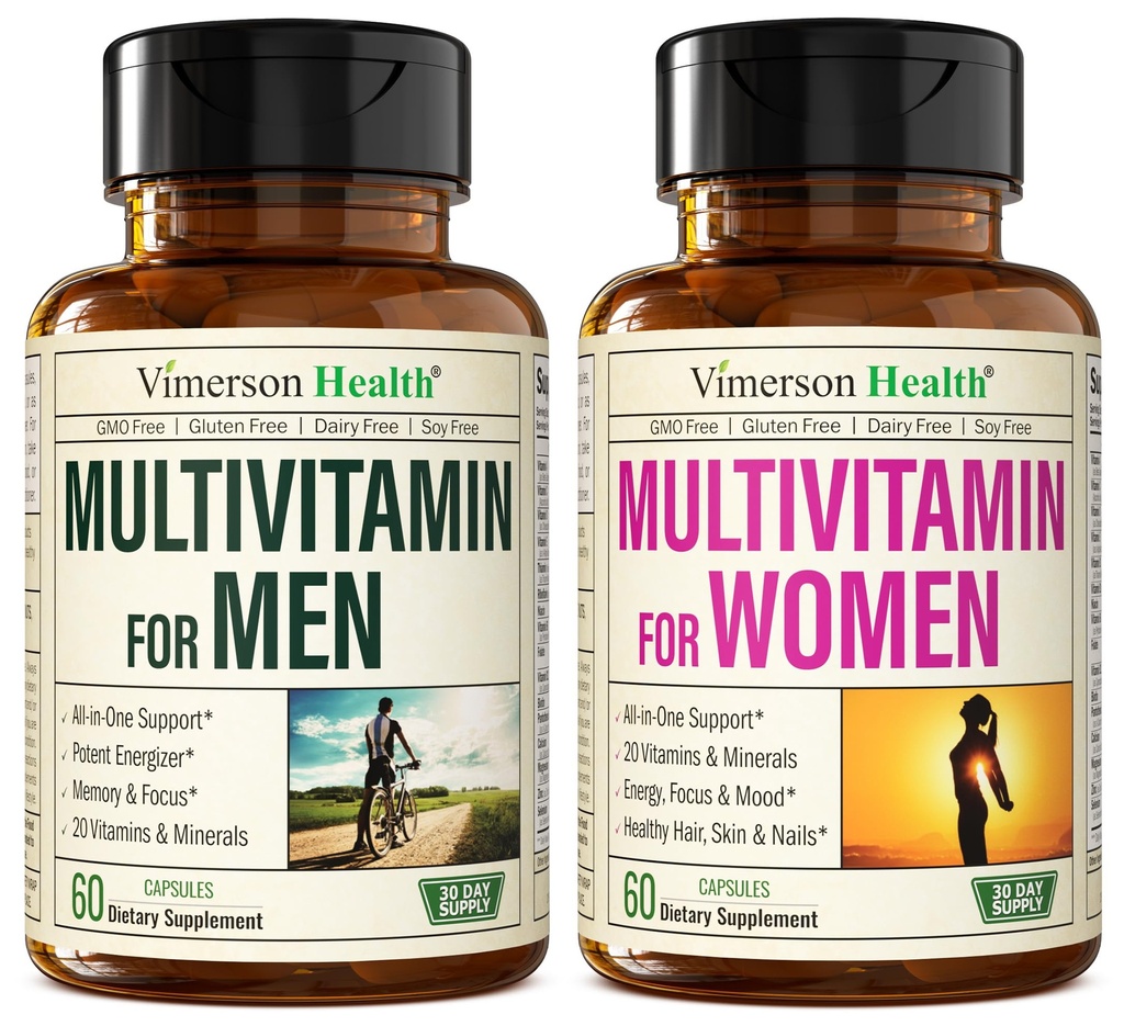 Multivitaminski multimineralni dodatek za moške + ženske 2-Bottle Bundle. Zdrav imunski odziv, močni sklepi in kosti, zdravje oči, podpora prebavnemu sistemu, lastnosti antioksidanta