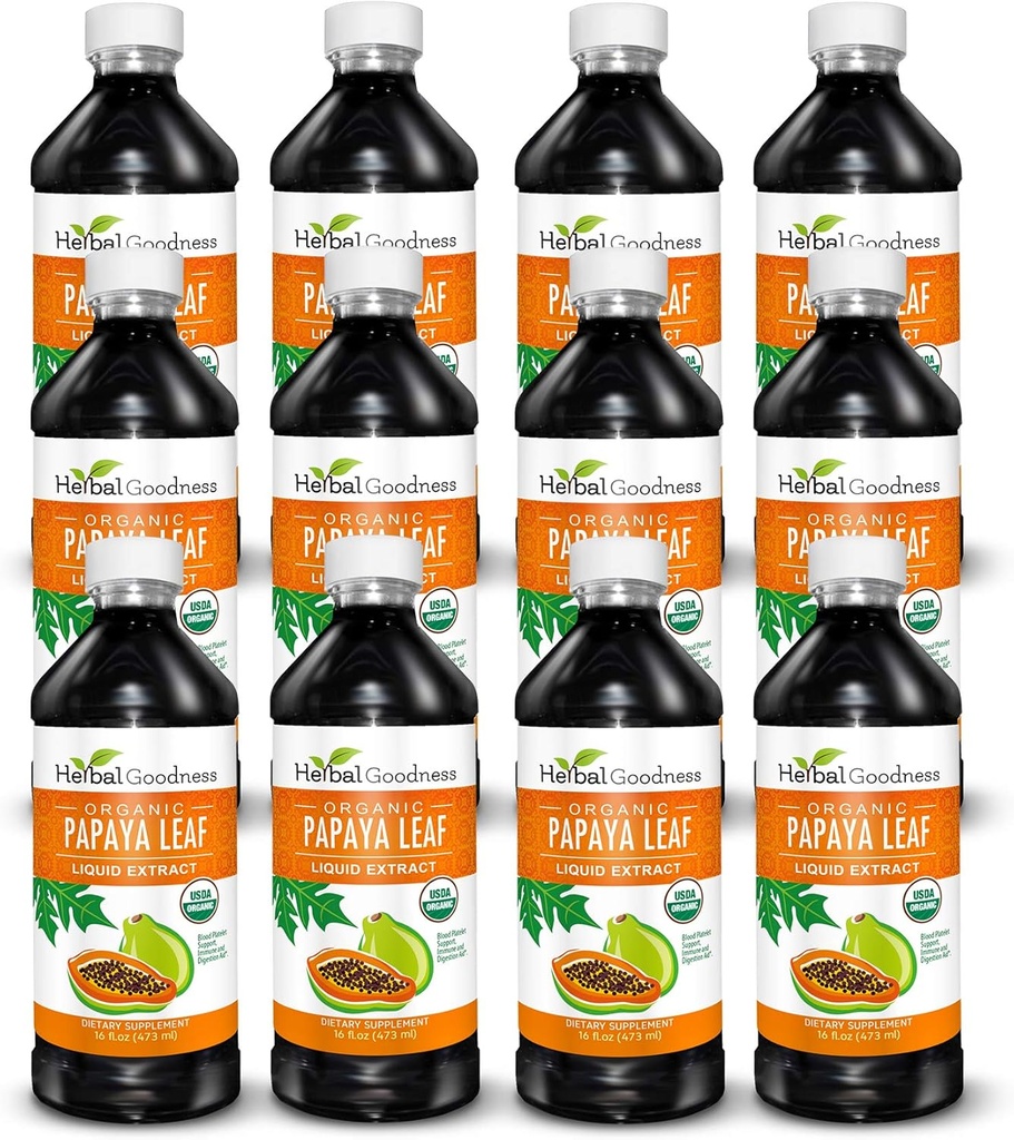 Papaya Leaf Extract Blood Platelet Support - 15X Jakost - Naravni Trotelet Booster & Prebavna pomoč - Organski tekoči ekstrakt - 16oz Juice - Primer Qty (12) - Zeliščna dobrota