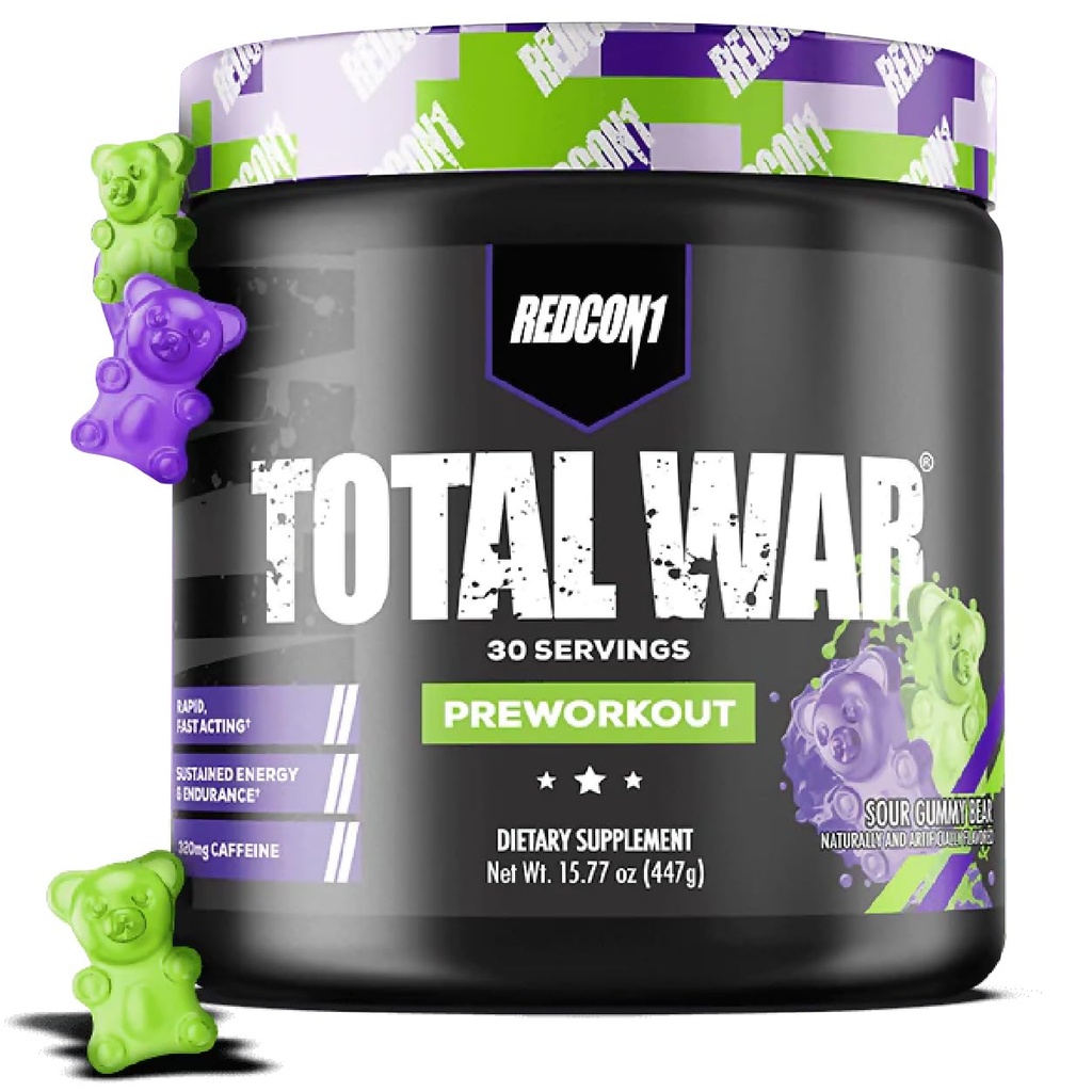 REDCON1 Total War Pre Workout, Sour Gummy Bear - hitro deluje kofein Preworkout za moške + ženske z Beta Alanine - Vsebuje citrulin malat za povečanje črpalke, pretok krvi (30 strežnice)