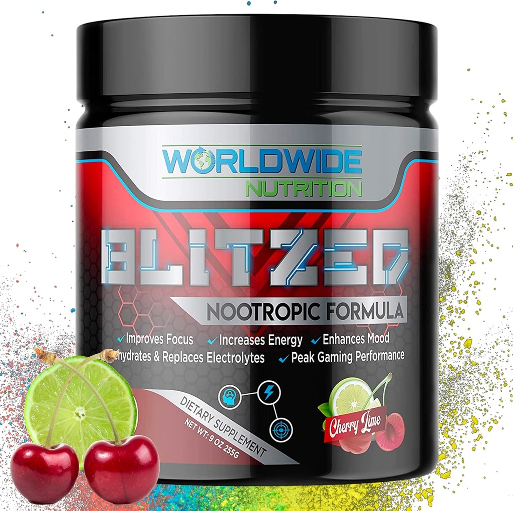 Svetovna prehrana Blitzed Nootropic Formula - All Natural Energy Drink Mix Powder - Možganski dodatki za spomin in fokus - Izboljšana osredotočenost in energijska dopolnila - Češnjeva limeta Flavor - 30 Servis