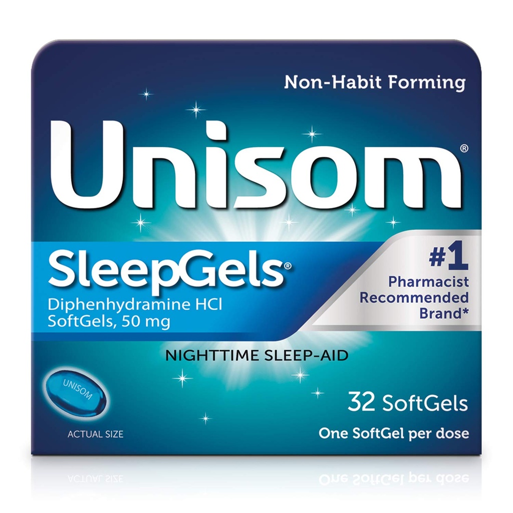 Unisom SleepGels, nočno pomoč, Difenhidramin HCI 50 mg, 32 SoftGels