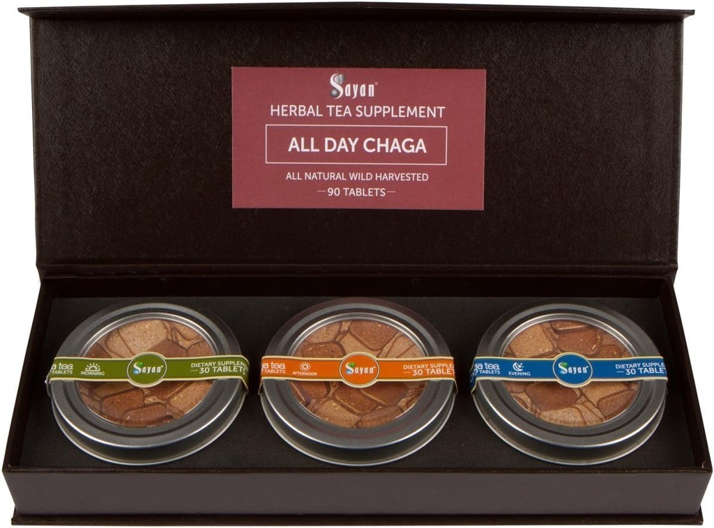 Sayan Sibirski cel dan Set Instant Chaga goba čaj, Pack 3 Dnevne tablete (90 Pcs) - Wild-Harvested, Premium Mešanica – Naravni antioksidant Čaj za podporo imunske, Energy booking in izboljšano prebavo