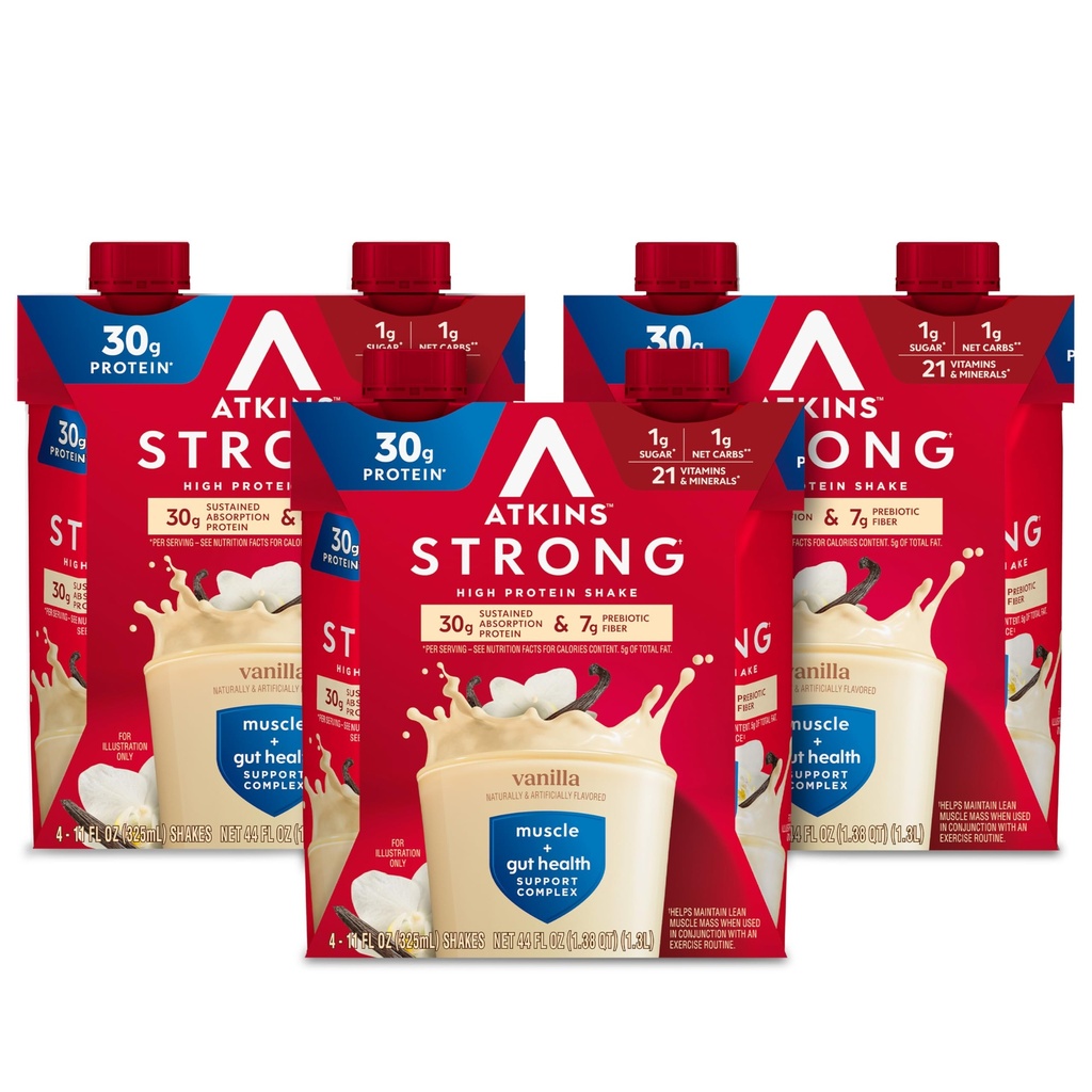 Atkins močan visoko proteinski Shake, vanilija arome, 30g proteini, nizka vsebnost ogljikovih hidratov in nizka vsebnost sladkorja Shake, Keto prijazno, Gluten brezplačno, mišice in Gut Health Complex, 12 Count