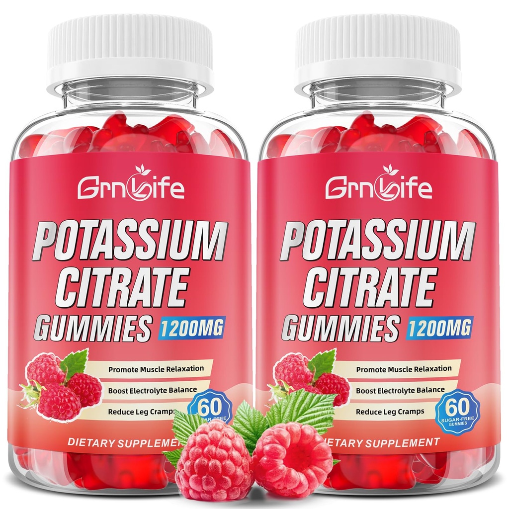 2 Pack Kalijev Citrat Gumies, Visoka Kalijev dodatek Gumies 1200mg Podpora Leg Cramps & Muscle Health, Kalijev Gumies za odrasle & otroke, Vegan, Raspberry Flavor 120 Count