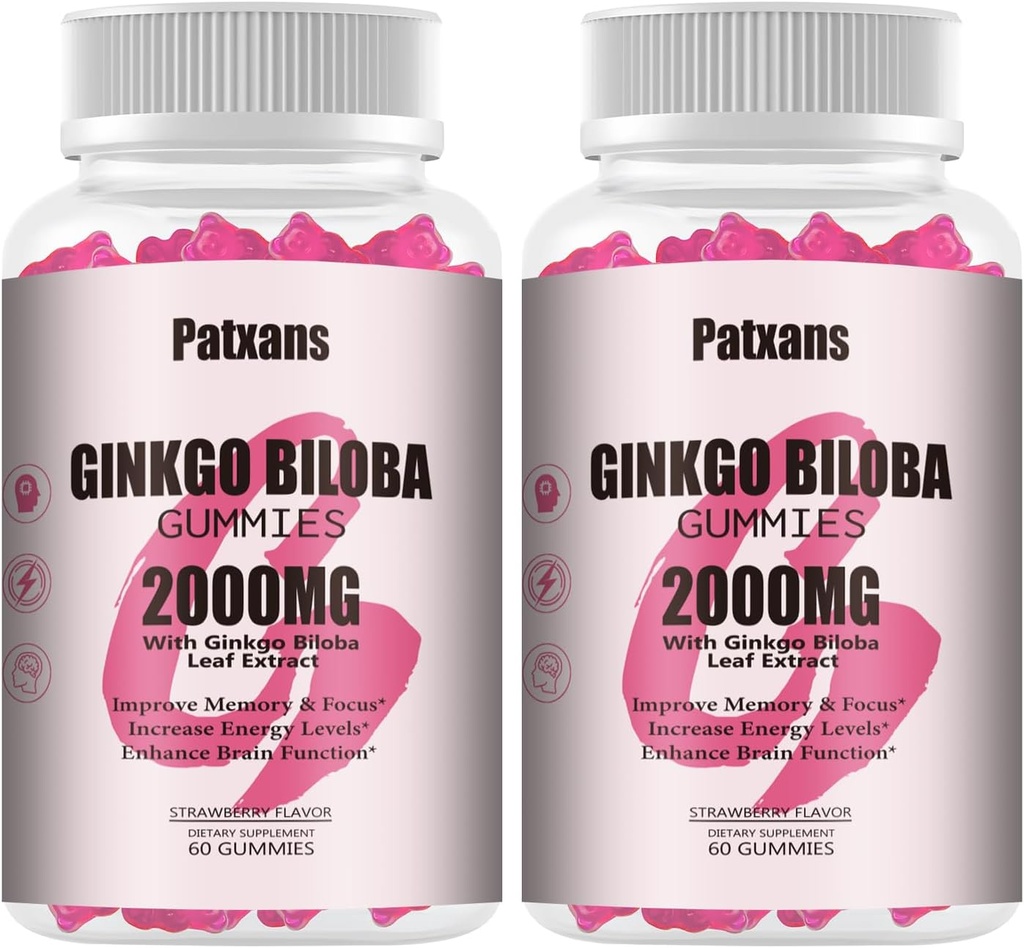 2 Packs 2000mg Ginkgo Biloba Gummies - Ginkgo Biloba dopolnila za podporo zdravju možganov, Izboljšati razpoloženje in fokus, energetika, odrasli, jagodni okus, 120 Count