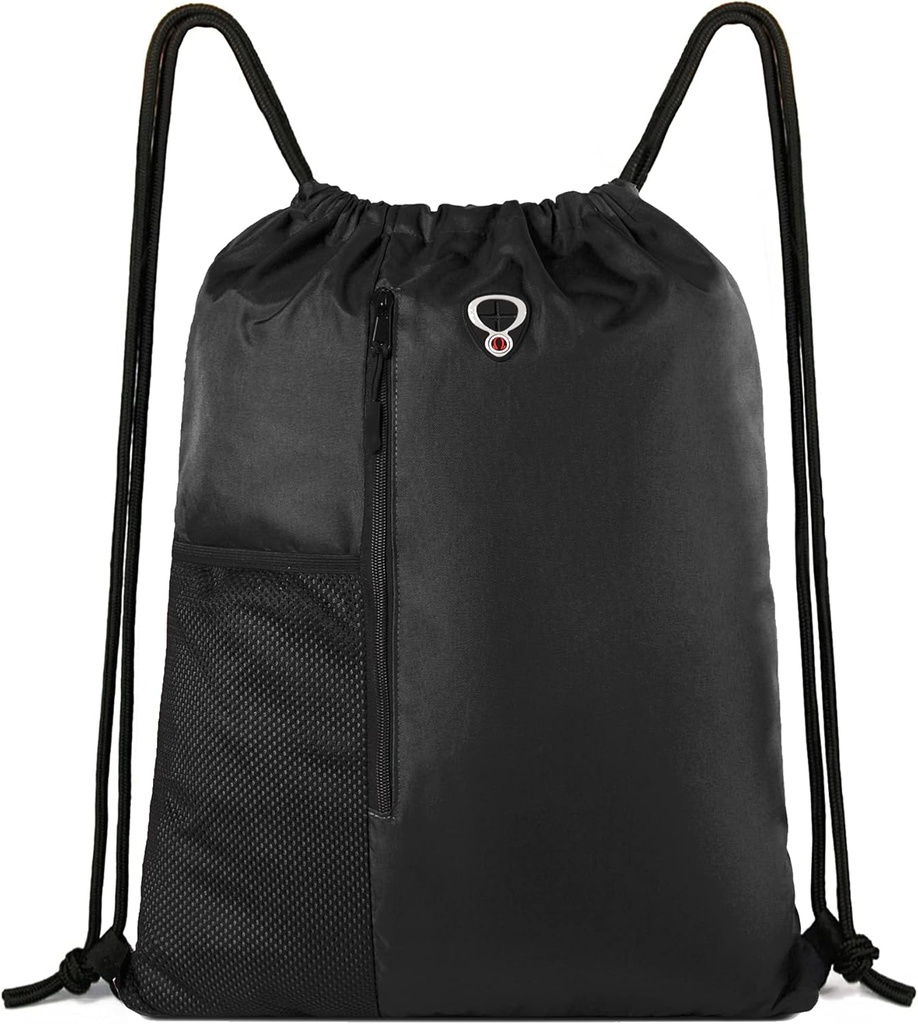 BeeGreen Black Drawstring Backpack Gym Bag za moške String Sports Backpack z vodo steklenice Mesh Pockes in 2 Zippered Pocket Veliki Cinch Sackpack Delovna vreča 16" x 20"