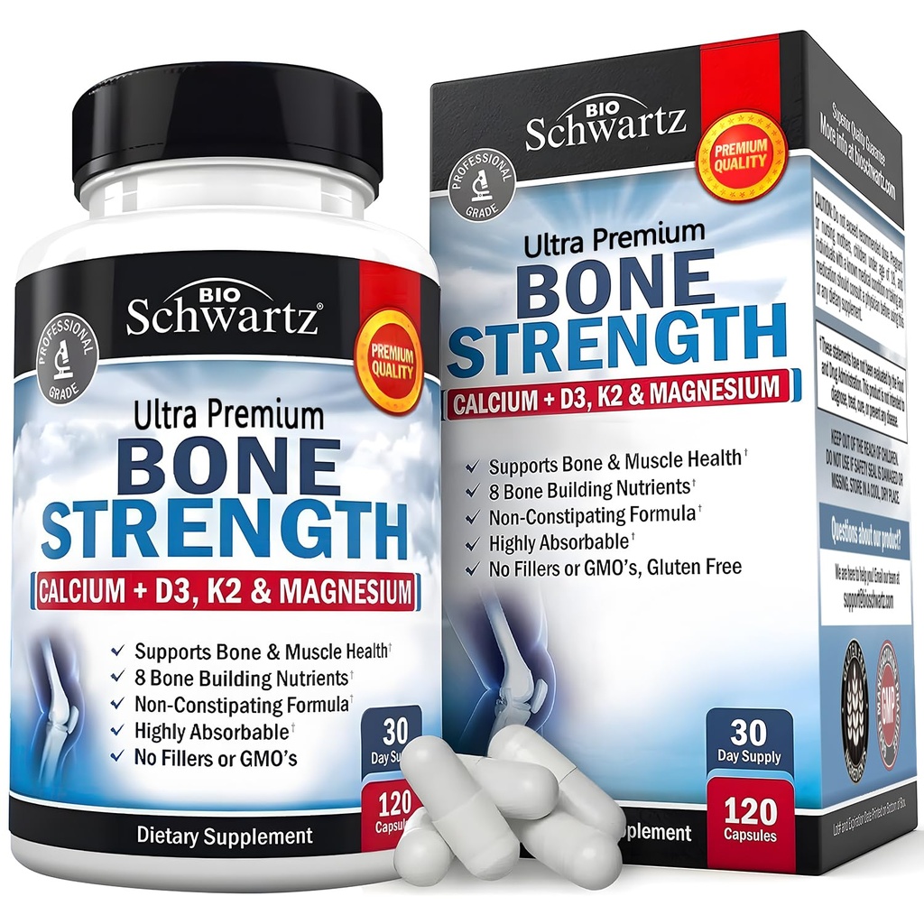 BioSchwartz Bone Strength Supplement - Nežen non-Constipating Bone Health Supplement za ženske in moške z 9-v-1 kompleks s kalcijevim magnezijevim cinkom D3 K2 & več - 3. stranka testiran - 1 mesec