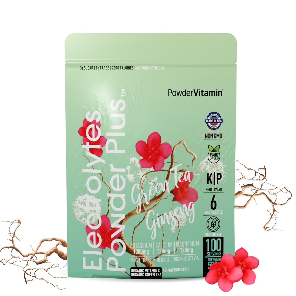 PrašekVitamin Elektroliti v prahu Plus (100 strežnikov) zeleni čaj ginseng elektrolit v prahu keto, brez sladkorja, roza himalajska sol, 1000mg kalij, 150mg kalcij, 150mg magnezij, hidracija v prahu