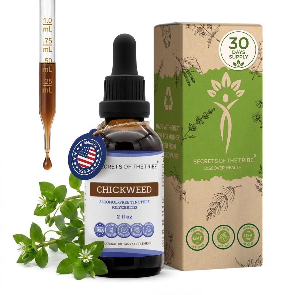 Skrivnosti Tribe Chickweed Tinkture Tekoči ekstrakt brez alkohola, Chickweed (Stellaria Media), posušeni zgoraj okrogli deli (2 FL OZ)
