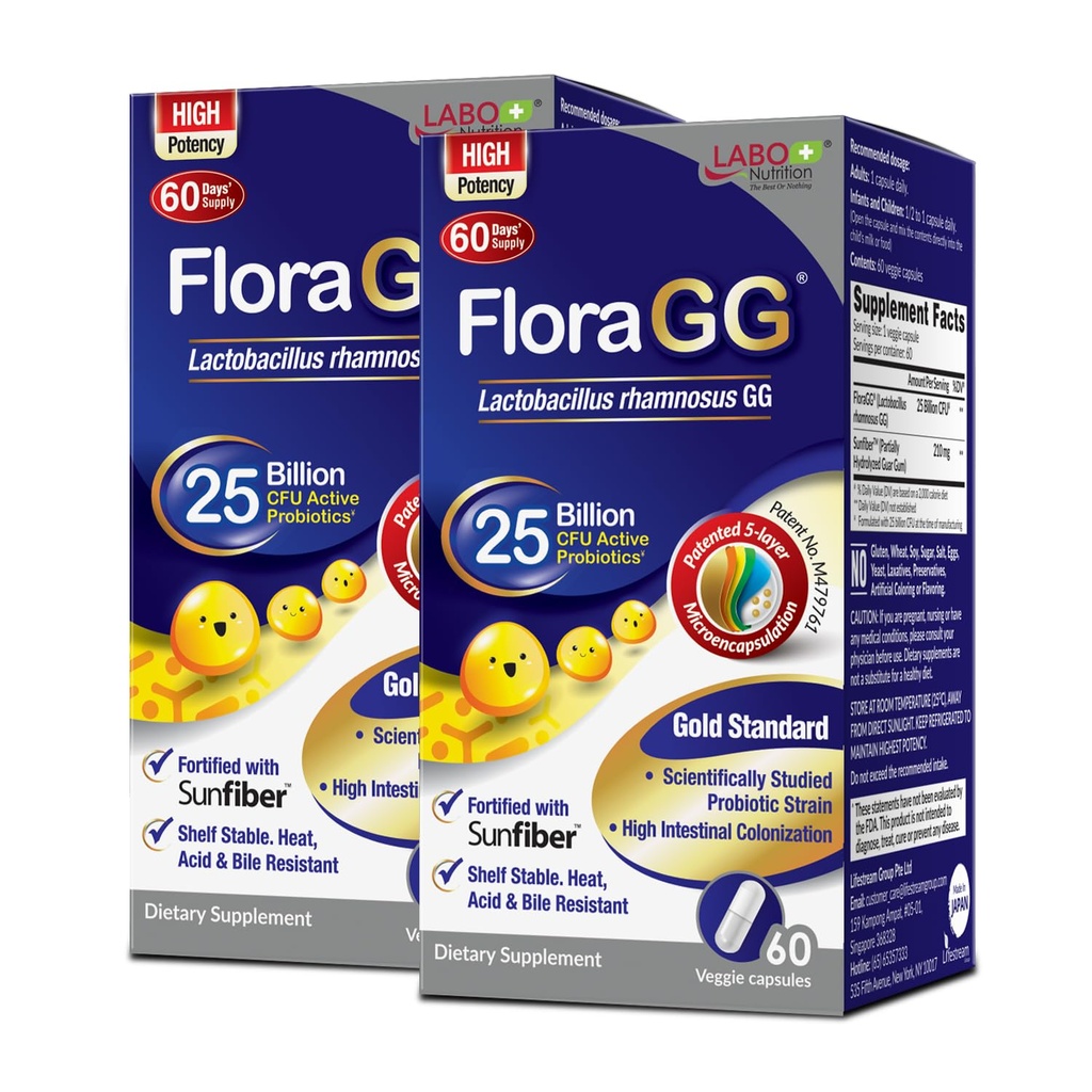 LABO Nutrition FloraGG, Lactobacillus Rhamnosus GG 25 Billion CFU Aktivni probiotiki & Sunfiber Prebiotic Fiber Supplement, Podpora Zdrave črevesne, Imunsko zdravje Zapoznela sprostitev & Gluten Prost 60sx2