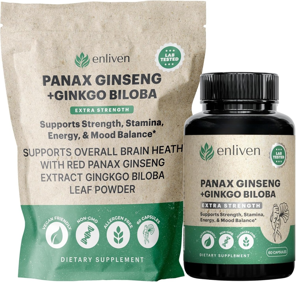 Panax Ginseng & Ginkgo Biloba Dopolnilo za energijo, fokus in zdravje možganov 