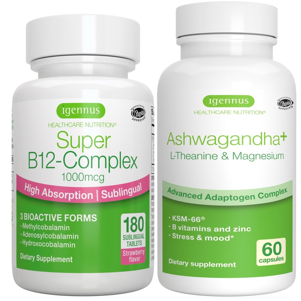 Super B12-kompleks 1000mcg + Advanced Ashwagandha KSM-66, L-teanin & magnezijev strdek, visoka absorpcija Vitamin B12 + Multi Action Adaptogen Complex, by Igennus