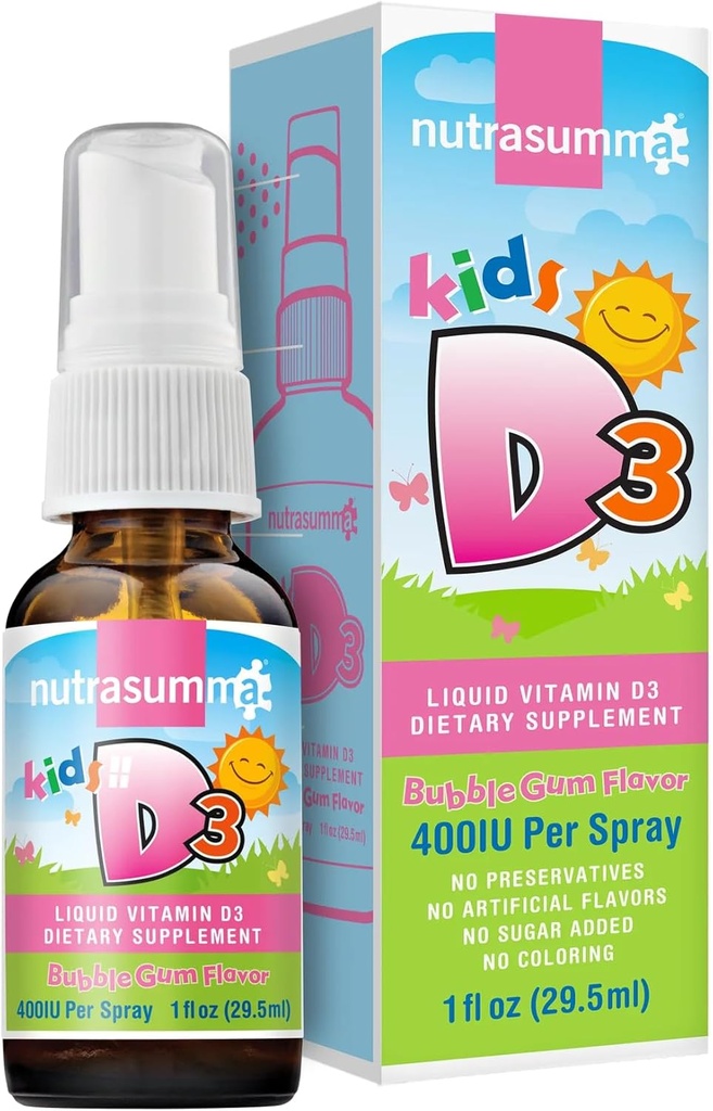 Nutrasumma Kids Vitamin D3 400 i.e. Spray Bubble Gum Flavor-1oz- Seveda visoka stopnja absorpcije podpira kosti krepi imunski sistem dodatek vitamin
