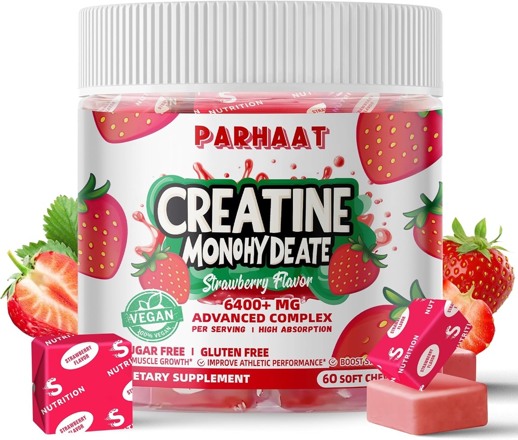 Kreatin Monohidrat Žvečilni kompleks 6400mg za moške in ženske -Napredna Formula W/L-Taurin + Vitamin B12, Brez sladkorja žvečljivi dodatek,60 Jagodni Softchews