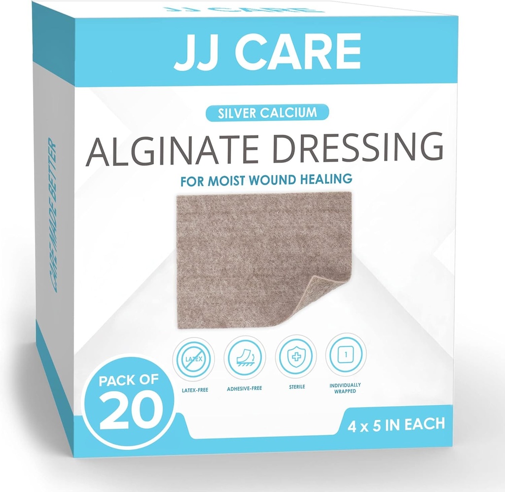 JJ CARE Silver Calcium Alginate Rane obleko (Pack of 20) 4x5, Silver Alginate Rane obleko individualno pakirana, zelo Absorbent ne-doslednih pasovi za nego ran
