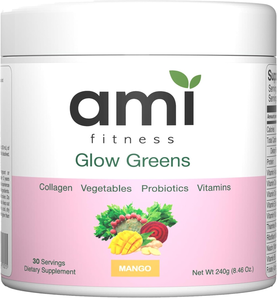 Glow Greens Powder, kolagen s probiotiki, vitamini, prebavne encime, Superživila, Gut Health, Bloating Relief, Radiant Skin, Natural Glow, Spirulina, Juice Mix, 30 SVG, Mango