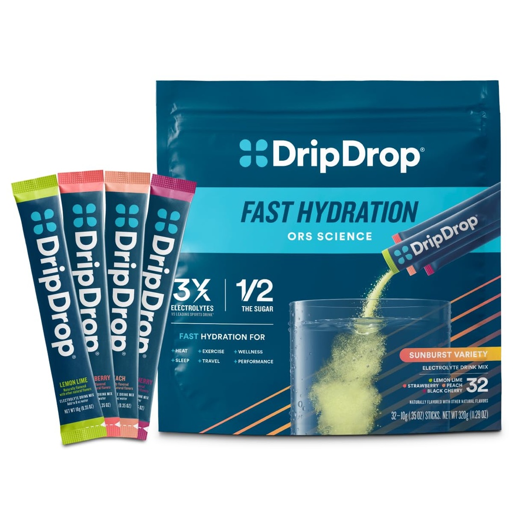DripDrop Hydration Packets - Sunburst Variety Pack - enodelni serve Elektroliti v prahu pijača Mix - limona limete, jagode, Breskve, Črna češnja - Non-GMO, Gluten Free, Vegan - 32 palic