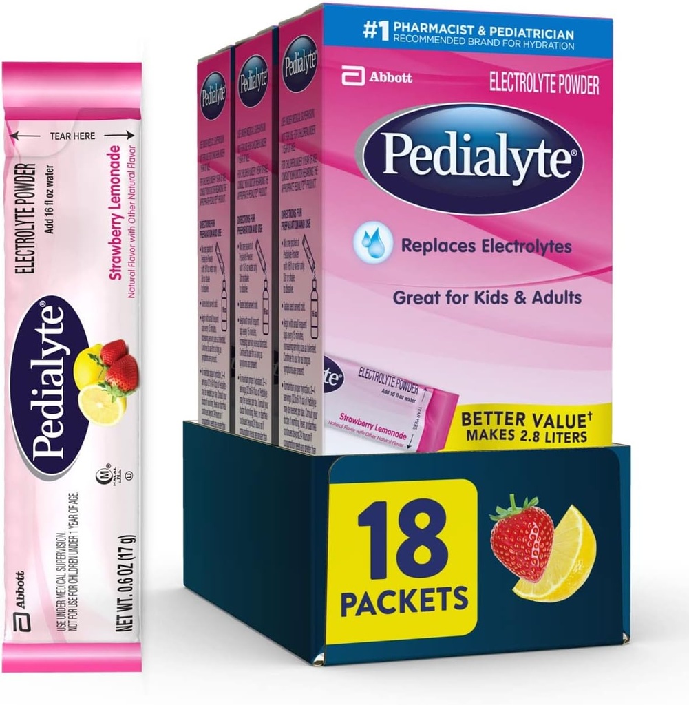 Pedialit Elektrolit Powder Packets, Jagodna limonada, Hydration Drink, 18 Packe po prahu za enkratno uporabo