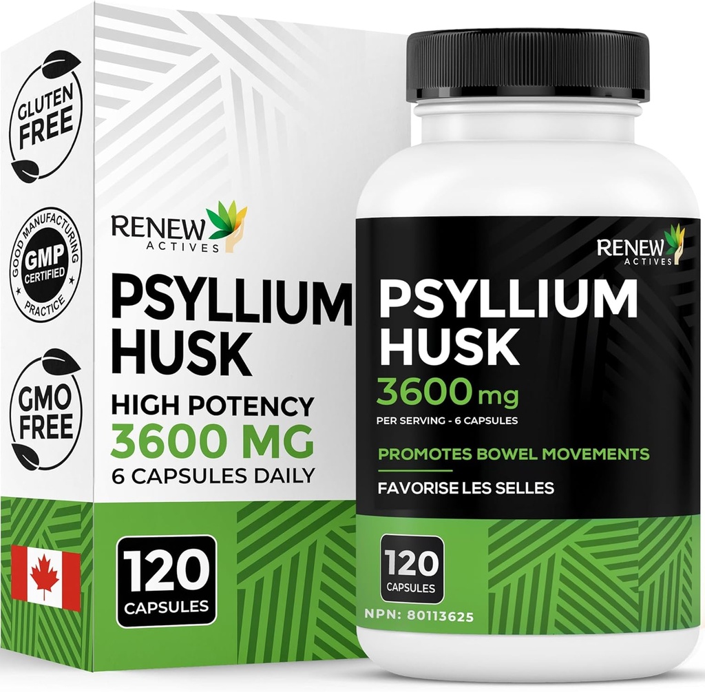 Renew Actives Psyllium Husk 1200MG na 2 kapsuli – sredstvo za povečanje prostornine in topnost Fiber za digestivno zdravje, rednost in dobro počutje odraslih – čiste sestavine – Izdelano v Kanadi – 120 kapsul