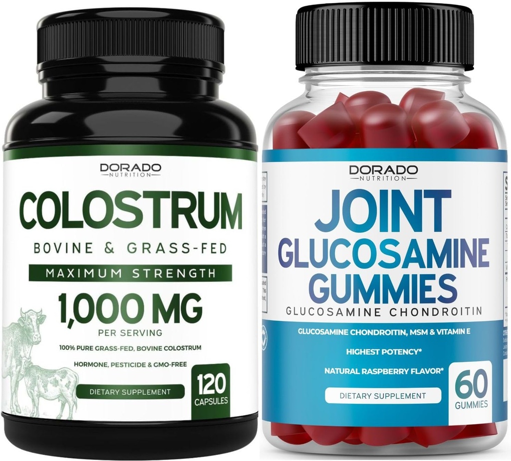 Kolostrum (120 Count) Goveji kolostrum Kapsule za odrasle in glukozamin Chondroitin (60 Gummies) Skupni dodatki za moške in ženske z okusno malin Flavor - Vegan Safe & Made v ZDA