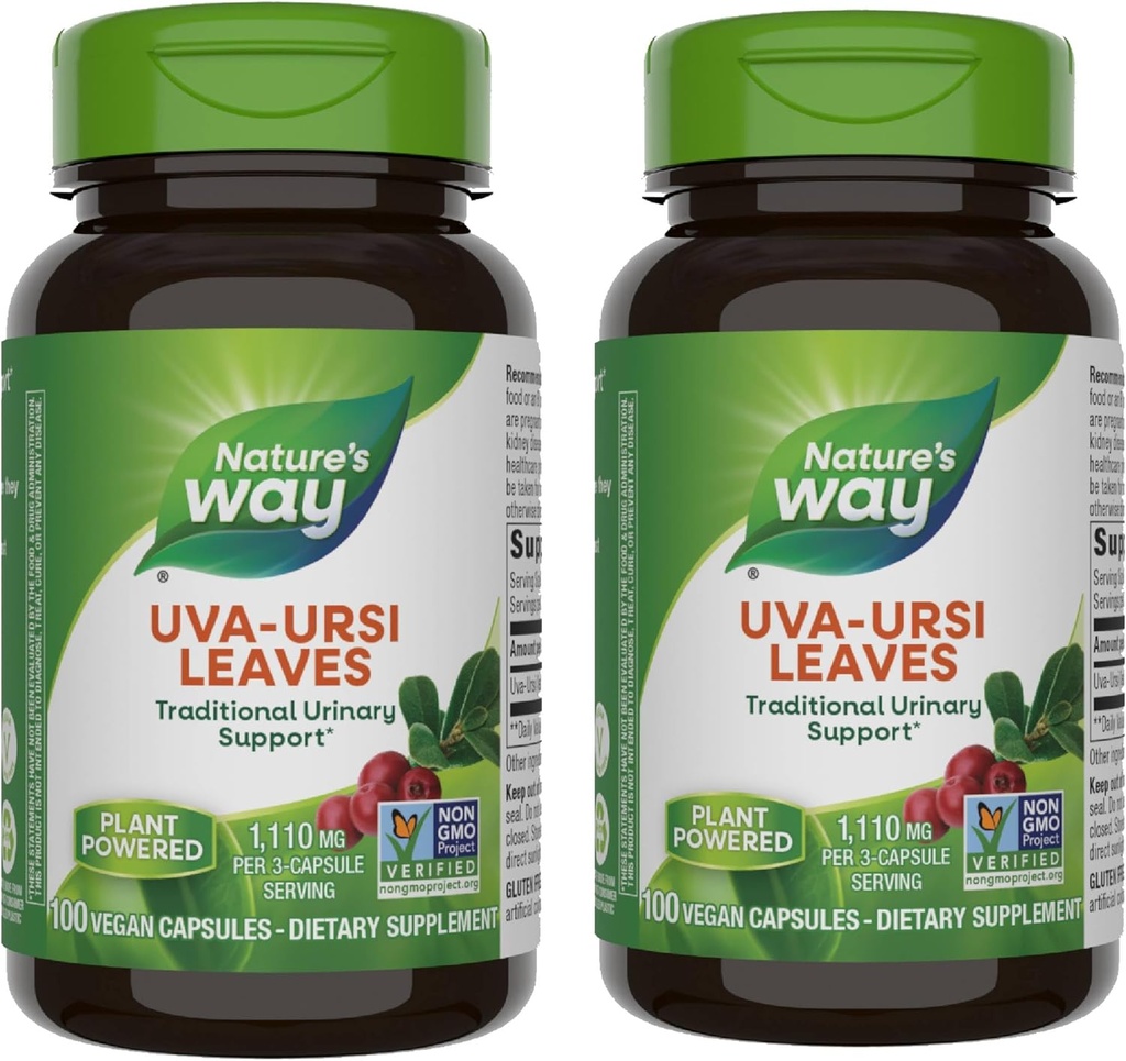 Naravoslovna pot Uva Ursi Leaves, Tradicionalna urinska podpora*, 1,110 mg na 3-kapsulno serviranje, ne-GMO projekt preverjen, zeliščni prehranski dodatek, 100 veganskih kapsul (Packaging May Vary) - 2 pakiranji