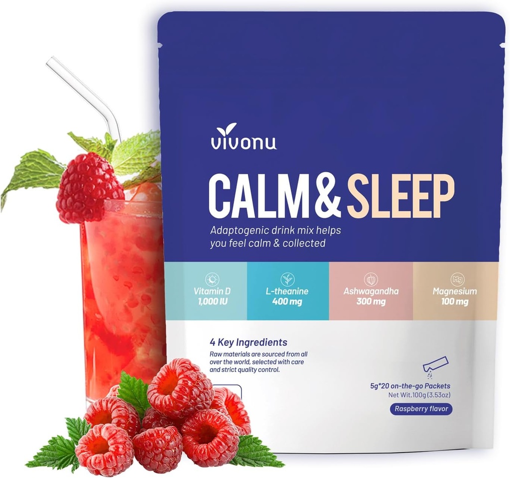 VivoNu Calm & spanja v prahu pijača Mix Raspberry L Theanine Ksm-66 Ashwagandha Magnezij Glicinate Vitamin D 3 Dodatki za sprostitev in fokus (VSC M2)