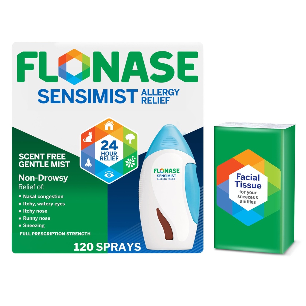 Flonase Alergija Alergija Relief Nasal Spray - Non-Drowsy 24HR Dolgotrajna Alergija Relief s fino, vent-free mist - 120 Sprays Plus Bonus paket tkiva