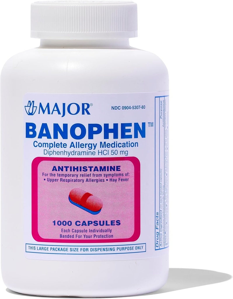MAJOR Banofen Difenhidramin HCI 50 mg Kapsule - začasno lajšanje simptomov Hay Fever in zgornje dihalne alergije - antihistaminik - alergija Medicina - 1000 kapsul (1-Pack)