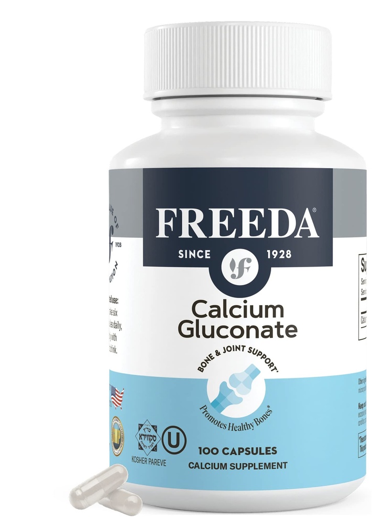 Freeda Calcium Gluconat – Kosher Vegan Kalcijev dodatek – Enostaven za prebavo in absorbcijo – Podpira moč kosti – čisti kalcij brez vitamina D – (100 kapsul)