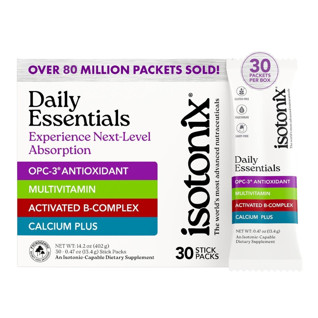 Izotonix® Daily Essentials Multivitaminski paketi v prahu – 4-v-1 Formula z multivitaminom, Aktivirani B-kompleks, kalcij Plus & OPC-3 s Pycnogenol® – Izotonična dostava – Gluten Free-30 Packets