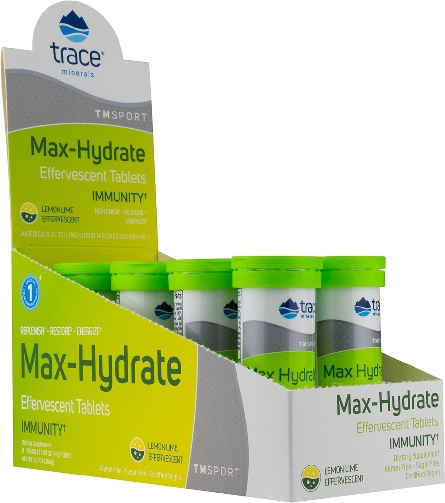 Trace Minerals Max-Hydrate Immunity - Elektrolit Drink dodatek za imuno zdravje in hidracijo podpora - Vitality dodatek za pomoč mišice Cramp Relief - limona limona, 8 zabojniki (80 strežnice)