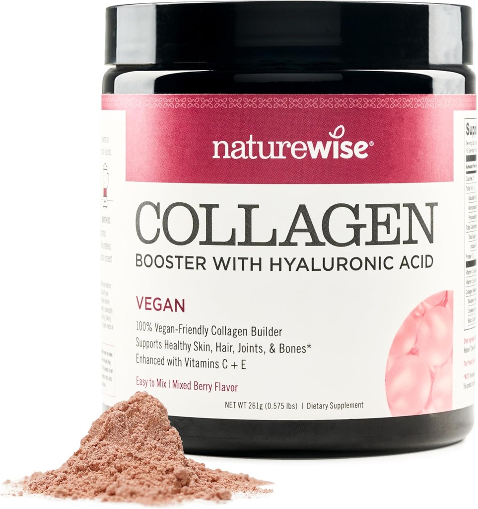 NatureWise Vegan Colagen Powder - Booster Formula za zdrave lase, kožo, in nohti s hialuronsko kislino, vitamin C in E, Beljakovine - Mixed Berry Flavor - Dairy-free, Non-GMO - 15 servies