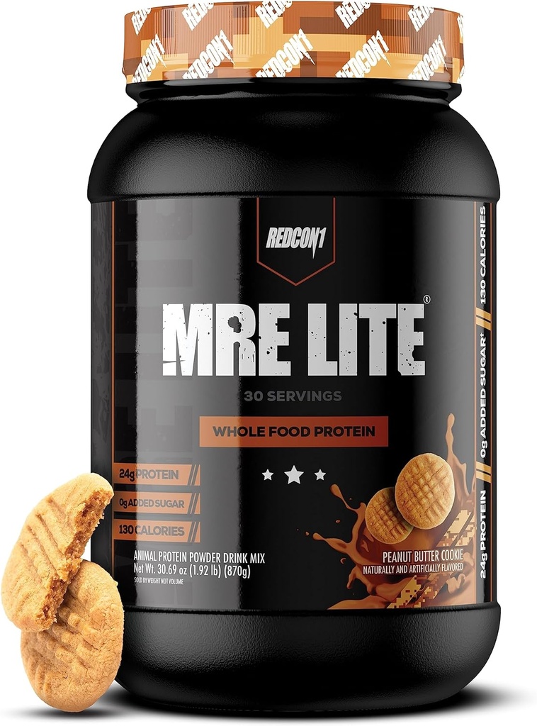REDCON1 MRE Lite Hole Food Protein Powder, Peanut Butter Piškotek - Low Carb & Whey Prosti obrok Zamenjava z živalskimi beljakovinskimi mešanicami - Enostavno prebavni dodatek Made with MCT Oils (30 Serving)