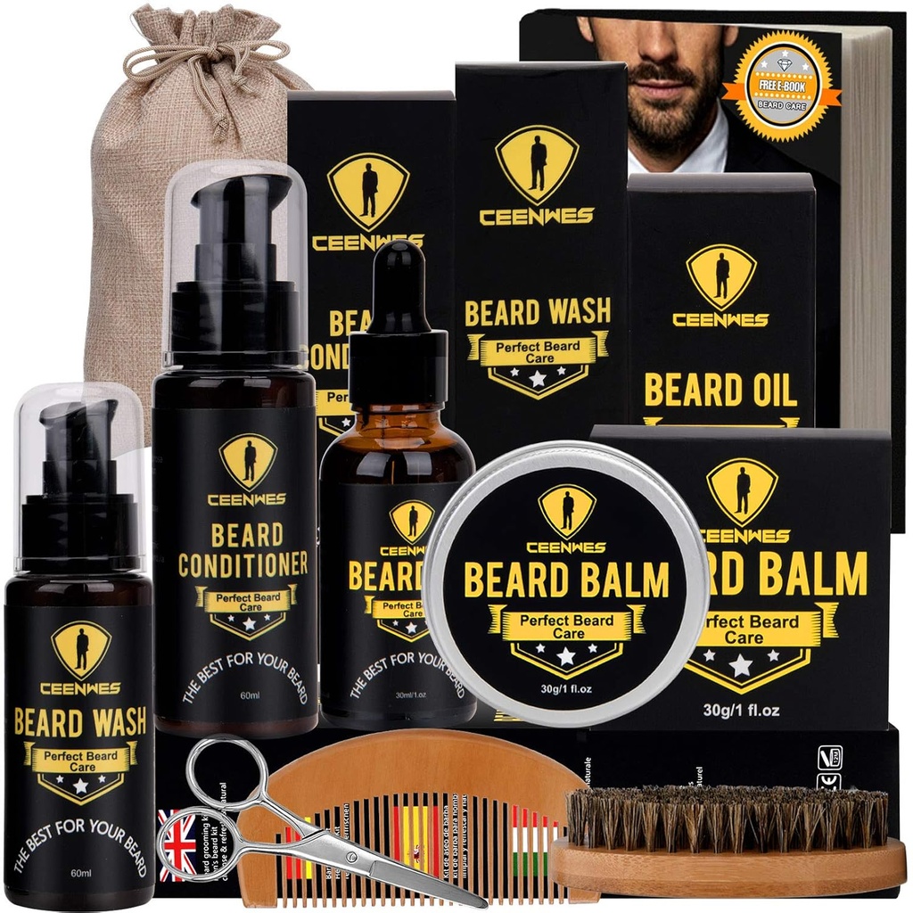 Ceenwes nadgrajen komplet za brade - balzam, olje, čopič, Comb, balzam, škarje, shranjevanje vrečke za brade in Mustache Trimming, popolno moško darilo