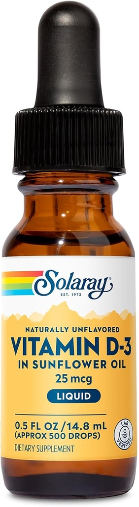 SOLARAY Vitamin D3 Tekoče kapljice 25 μg (1000 i.e.) - Izboljšana absorpcija Vitamin D Kapljice v sončničnem olju za VIT D3 Podpora - Seveda Nearomatizirana, Kapljica vključena - Pribl. 500 strežb, 0.5oz
