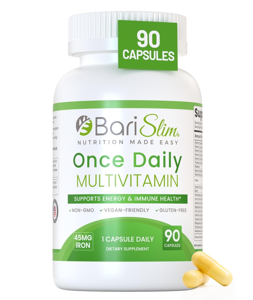 BariSlim enkrat dnevno Bariatrična multivitaminska kapsula - 45 mg železa - bariatrični vitamin in dodatek za pobariatrično kirurgijo, vključno z Gastric Bypass & Gastric rokav 